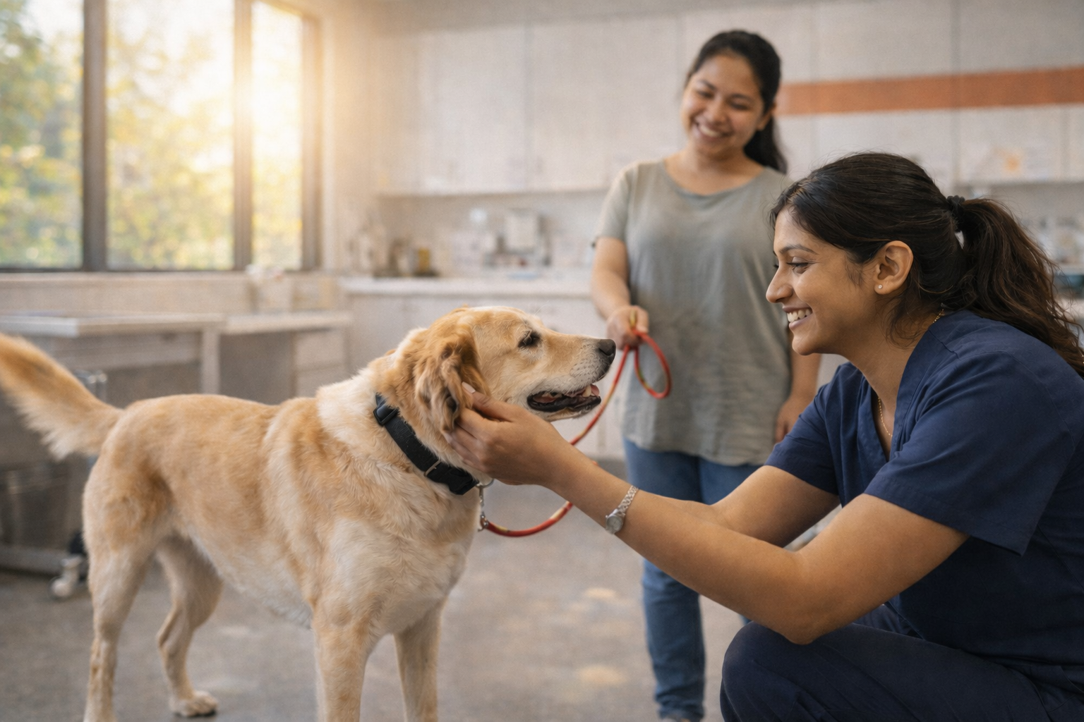 Friendly Veterinarian Greeting Dog and Pet Owner in Clinic